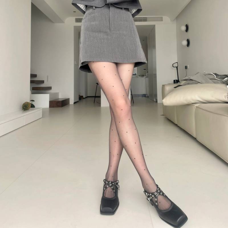 波点黑丝袜夏季超薄防勾丝黑色性感0D复古圆点T档jk辣妹连裤袜女