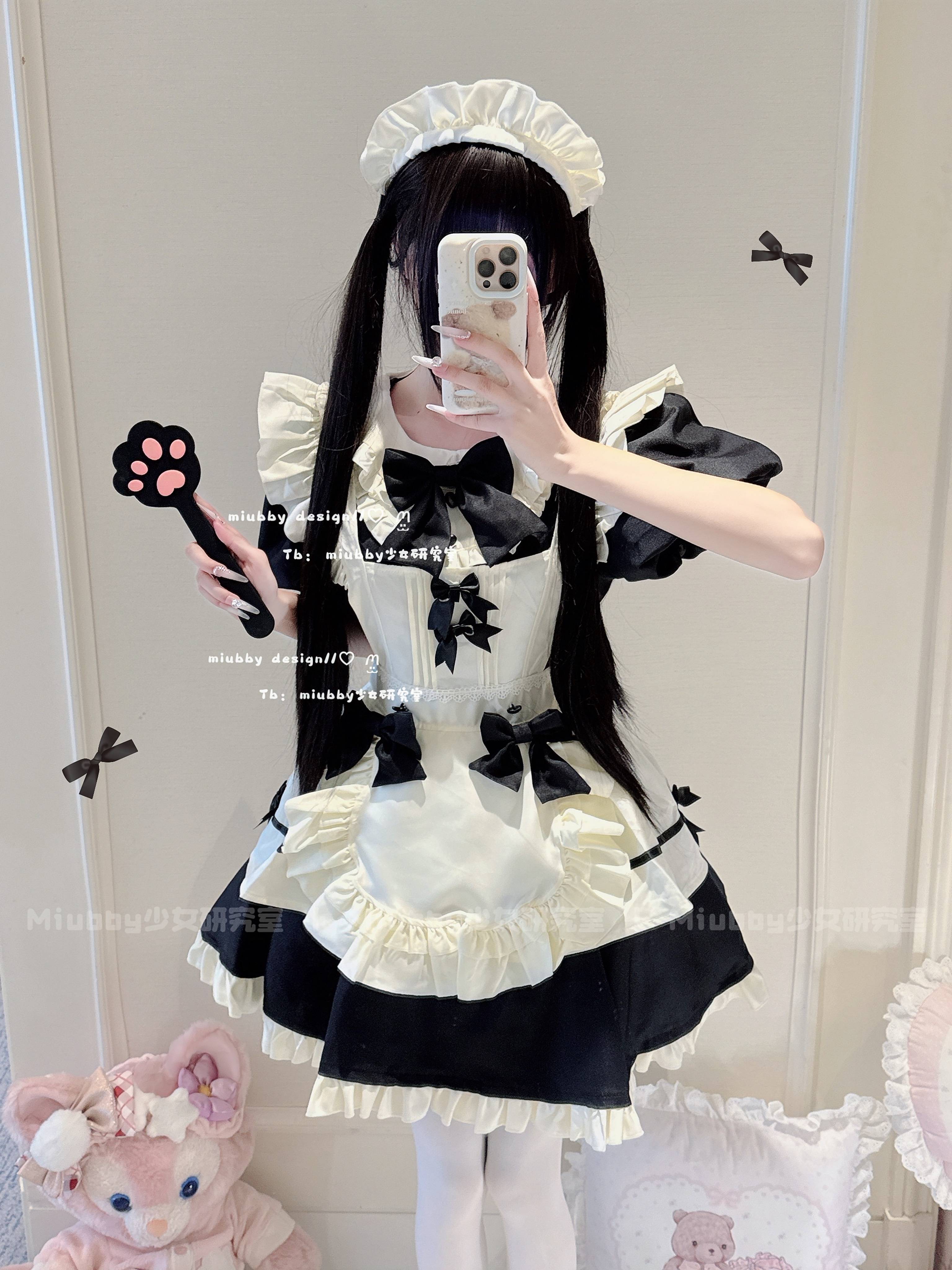 「芝心莉莉丝」法式甜美蝴蝶结女仆装Lolita长款接袖连衣裙