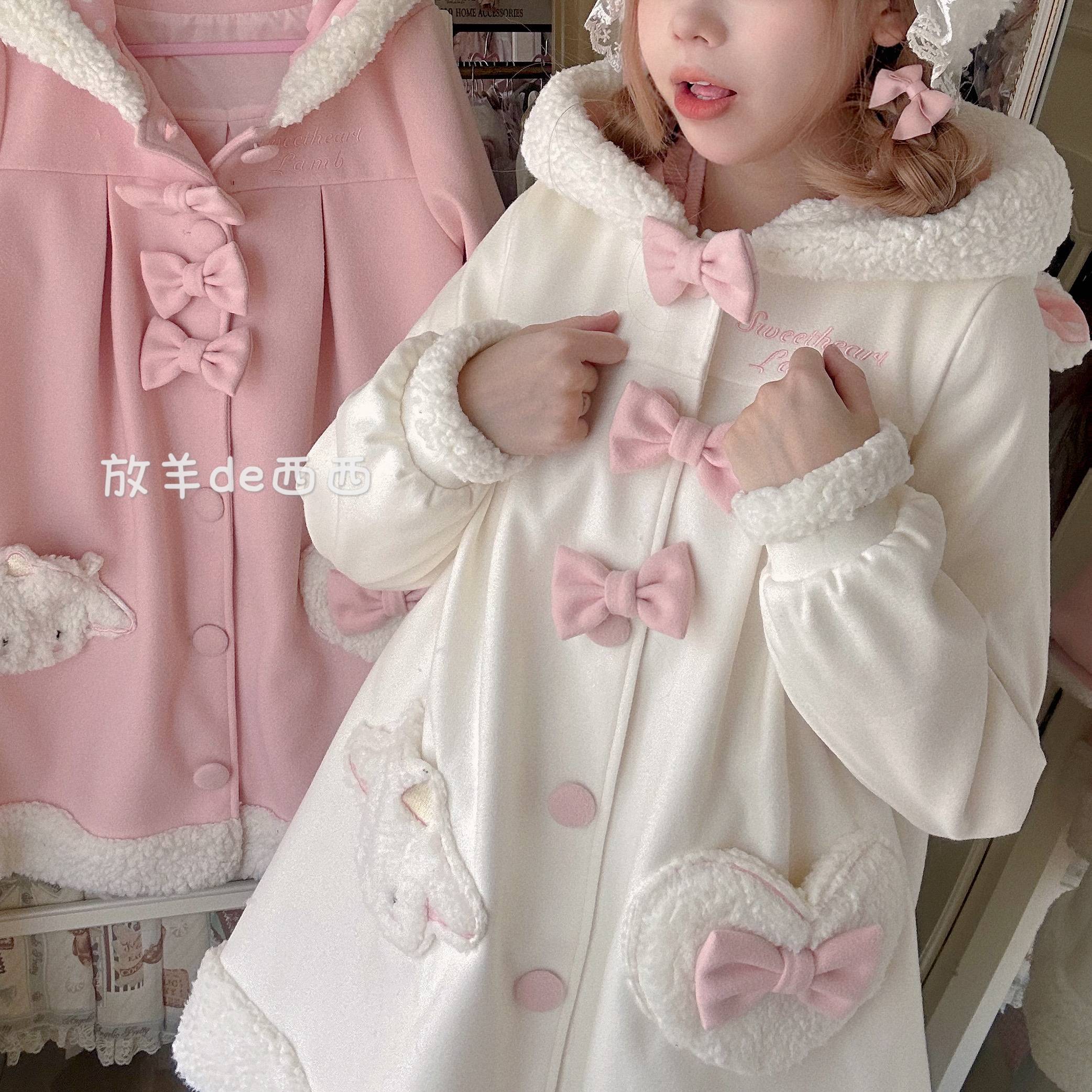 新品-奶油咩咩-原创粉色毛呢兔耳软妹大衣 可爱质感Lolita长外套