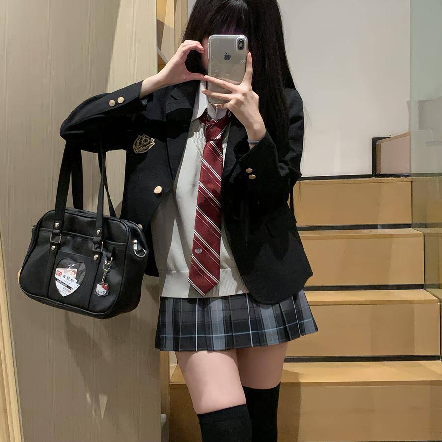 正品jk制服校供感西服秋冬西装毛衣衬衫格裙学生叠穿套装